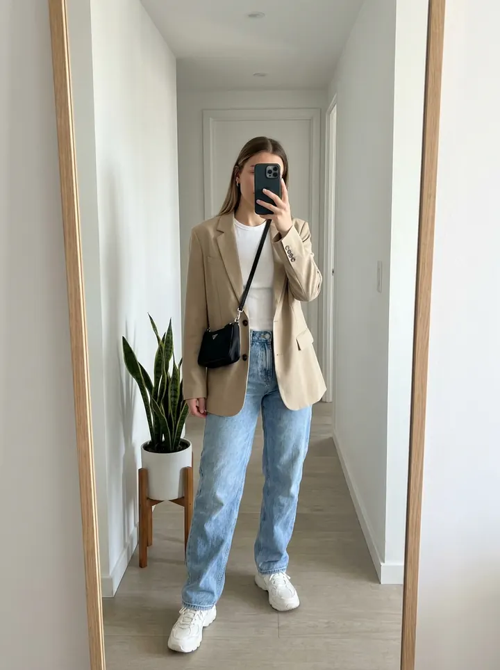 Outfit B: beige oversized blazer, white tee, light straight-leg jeans and white sneakers