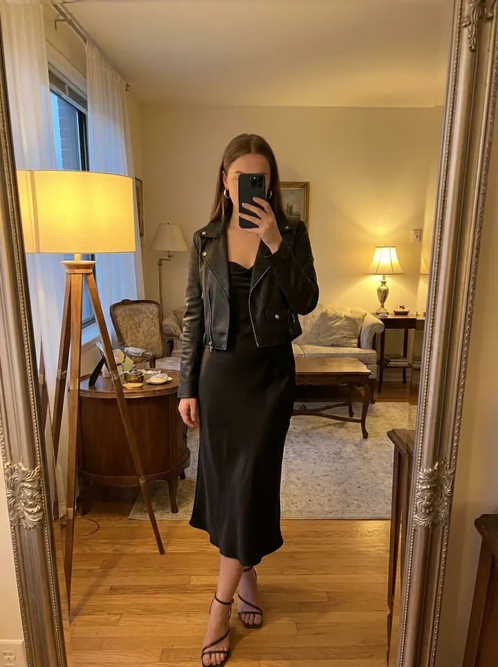 Outfit A: black satin slip skirt, cropped leather jacket and strappy heeled sandals