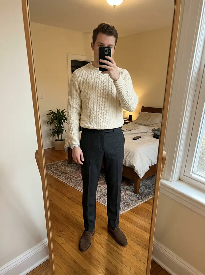 Cream cable-knit sweater with black trousers