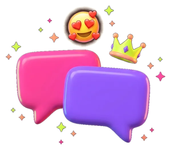 Pink and purple chat bubbles with a heart-eyes emoji and a golden crown