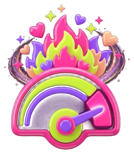 A pink and lime gauge with flames and hearts bursting from the top