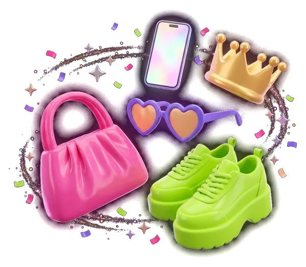 A pink handbag, heart sunglasses, lime platform sneakers, a phone and a golden crown orbiting in sparkles